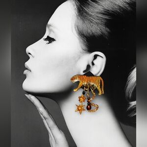 SIGNED Lunch at the Ritz Tiger Earrings Vintage 80s Statement Dangle Rare LATR